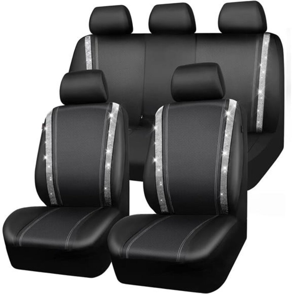Bling Car Seat Covers Full Set,Shining Rhinestone Diamond Waterproof FauxLeather